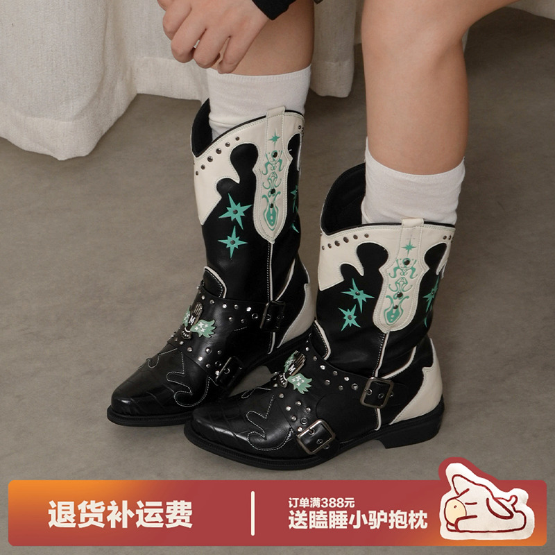 多嘴驴Donkey小众拼色骑士靴