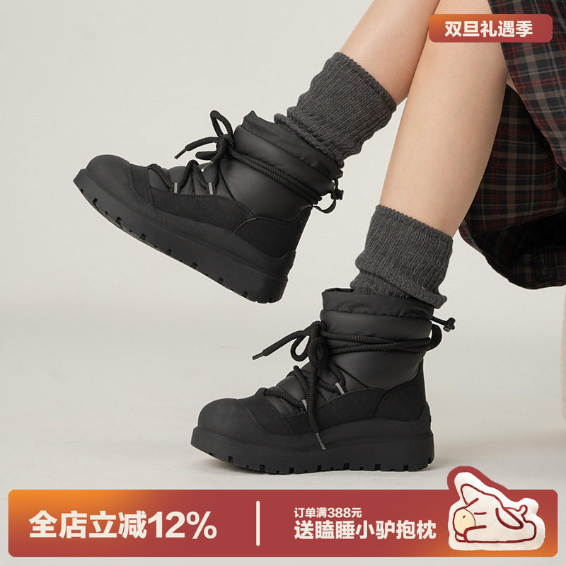 多嘴驴Donkey黑色复古雪地靴女