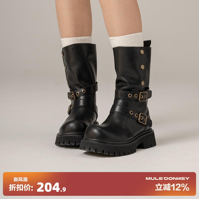 多嘴驴Donkey厚底粗跟黑色中筒靴