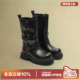 多嘴驴Donkey厚底中筒靴女冬季 粗跟长靴黑色翻领机车皮带扣骑士靴