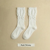 多嘴驴Donkey白色蕾丝中筒袜女芭蕾风蝴蝶结miu系玛丽珍花边长袜