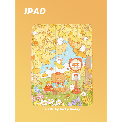 第2件半价插画iPad保护壳秋天小熊女孩苹果三折360旋转亚克力笔槽pro13寸112.9air610.9mini磁吸平板套华为壳