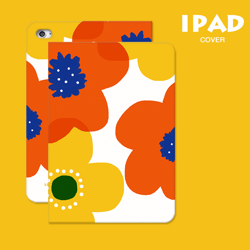 第2件半价原创插画iPad保护壳鲜艳小花苹果三折360旋转亚克力笔槽pro13寸112.9air610.9mini磁吸平板套华为壳