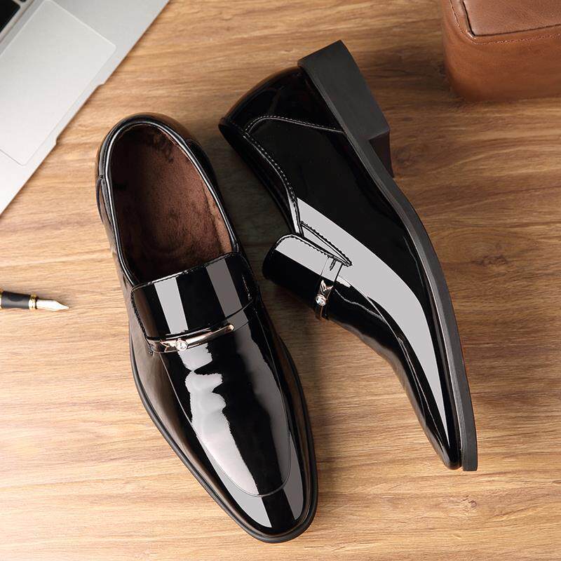 AUTUMN POINTY TOE SLIP FOOT LEATHER SHOES MENS BUSINESS FORMAL WEAR SHINY LEATHER CASUAL BREATHABLE WEDDING GROOM MENS SHOES BEST MAN 454647