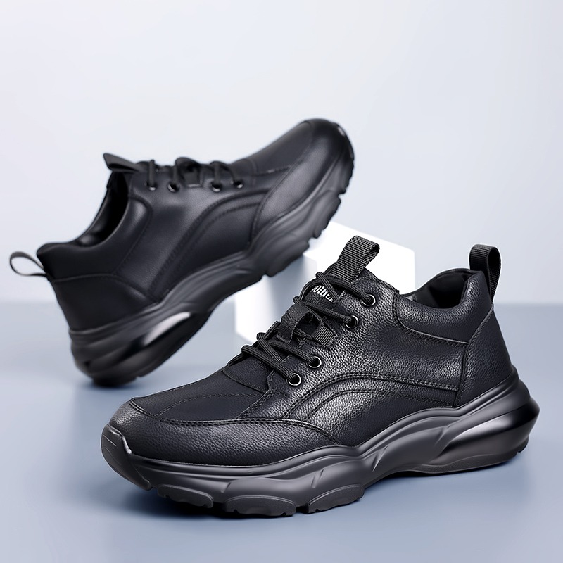 耐磨防水软皮面全黑色工作皮鞋男