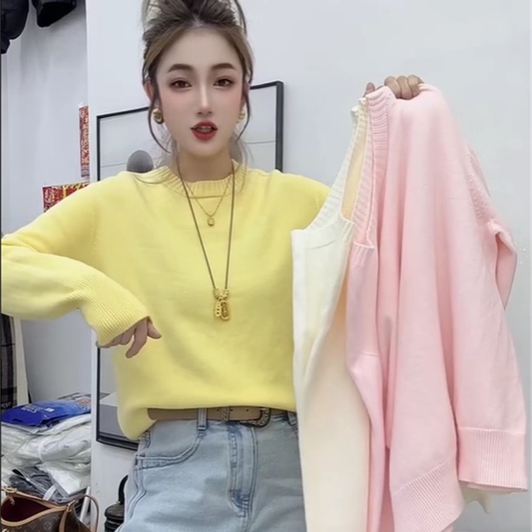 韩版2025秋冬款糖果色圆领套头毛衣女宽松显瘦减龄简约百搭针织衫
