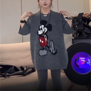 新款 女2025秋季 百搭圆领软糯休闲上衣潮 针织衫 慵懒风米奇毛衣短袖