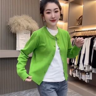 小个子软糯宽松短款 绿色外套2025春季 上衣 女长袖 韩系外搭针织开衫