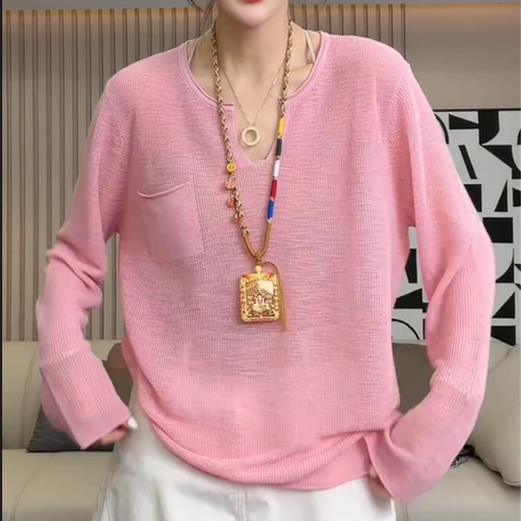 糖果色口袋温柔慵懒风V领长袖防晒薄款针织衫女宽松显瘦粉色上衣