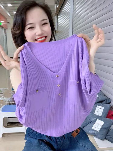 冰丝针织套头V领单穿假口袋设计