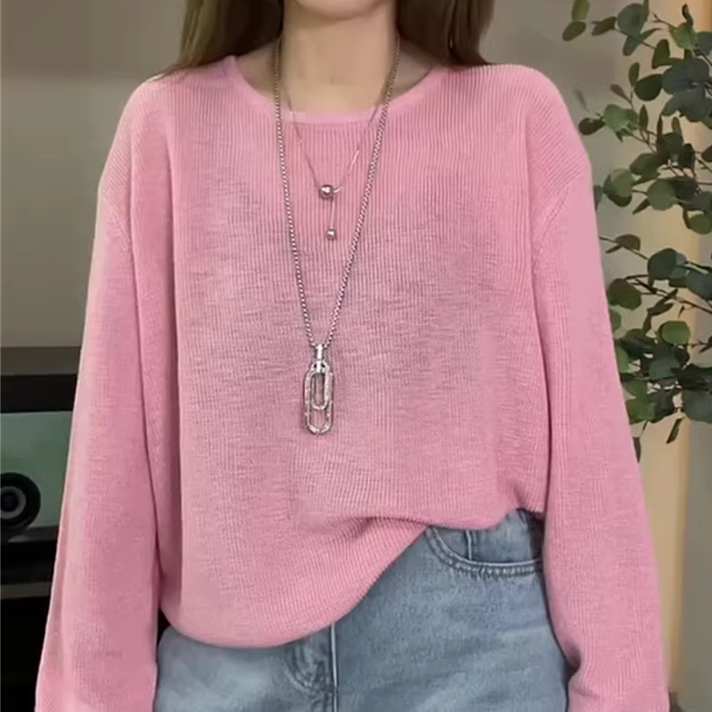 温柔慵懒风糖果色圆领套头针织衫女春季薄款长袖百搭显瘦减龄上衣