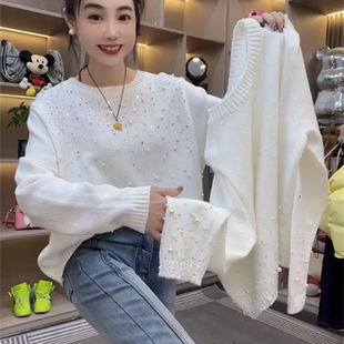 欧货2025秋冬新款百搭洋气圆领重工钉珠针织衫女气质宽松显瘦上衣