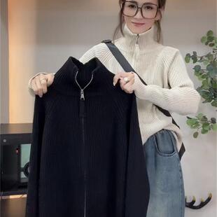 双拉链立领纯色针织开衫女欧洲站2024冬装新款欧货女装打底毛衣潮