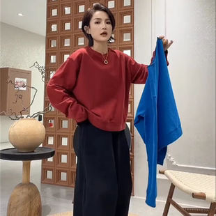 韩版简约圆领三角标贴布卫衣女红色宽松显瘦百搭长袖休闲T恤上衣