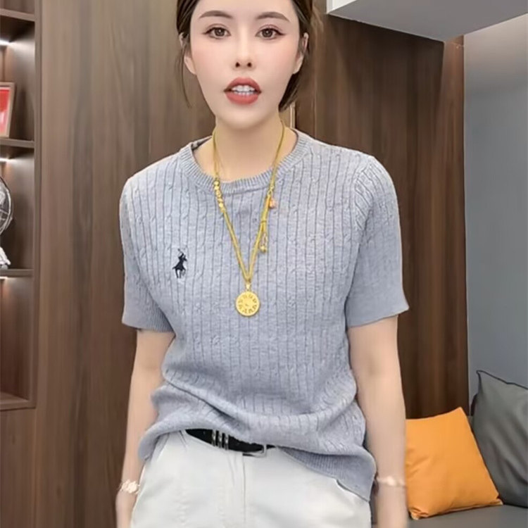 韩系简约圆领刺绣麻花辫短袖针织衫女春夏洋气英伦风百搭减龄上衣