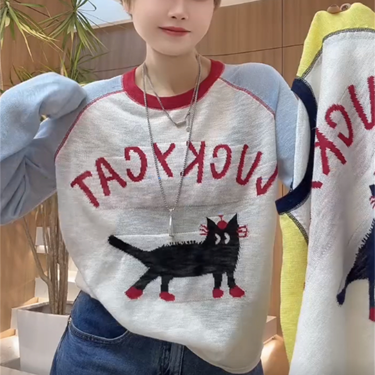 韩系卡通小猫咪图案长袖防晒T恤夏季款设计感百搭显瘦打底上衣女