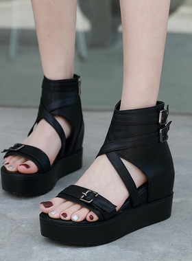 2026春季坡跟凉鞋厚底内增高露趾凉靴高帮皮带扣罗马鞋个性凉鞋女