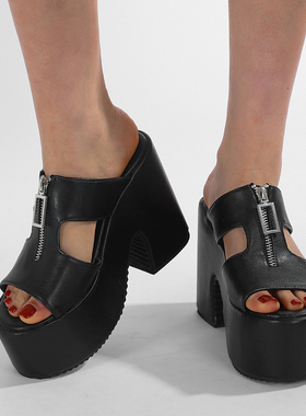 2025年夏季拉链露趾防水台厚底粗跟超高跟凉鞋一字带增高鞋走秀鞋