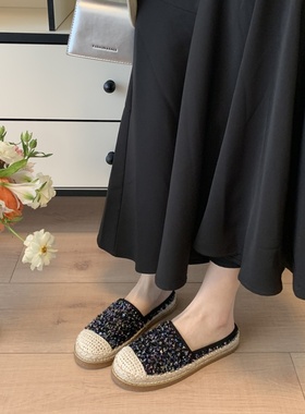 2026年春季亮片渔夫鞋平底一脚蹬编织懒人鞋麻绳编织包头半拖鞋女