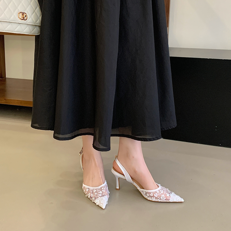 网纱刺绣串珠细跟包头凉鞋高跟鞋