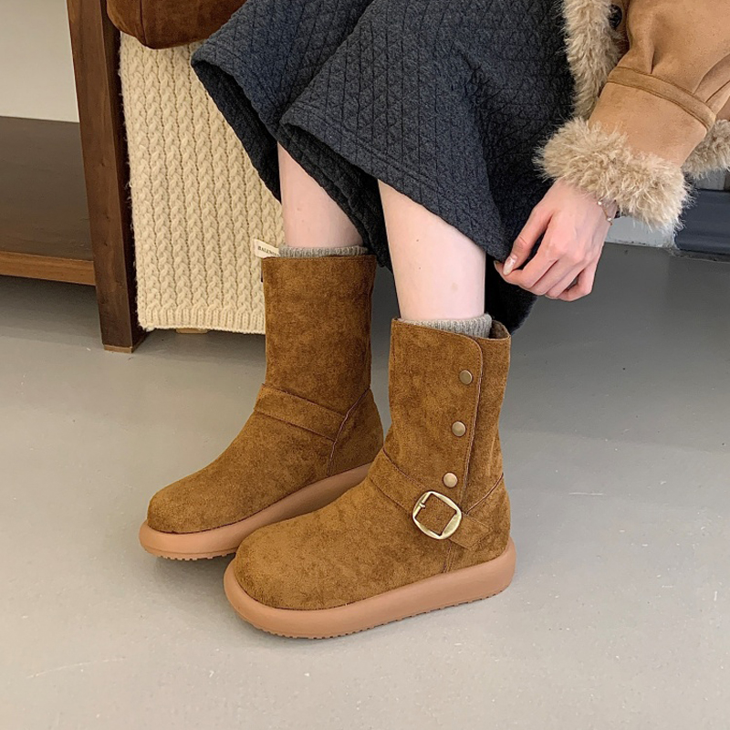 圆头厚底皮带扣磨砂毛绒保暖短靴