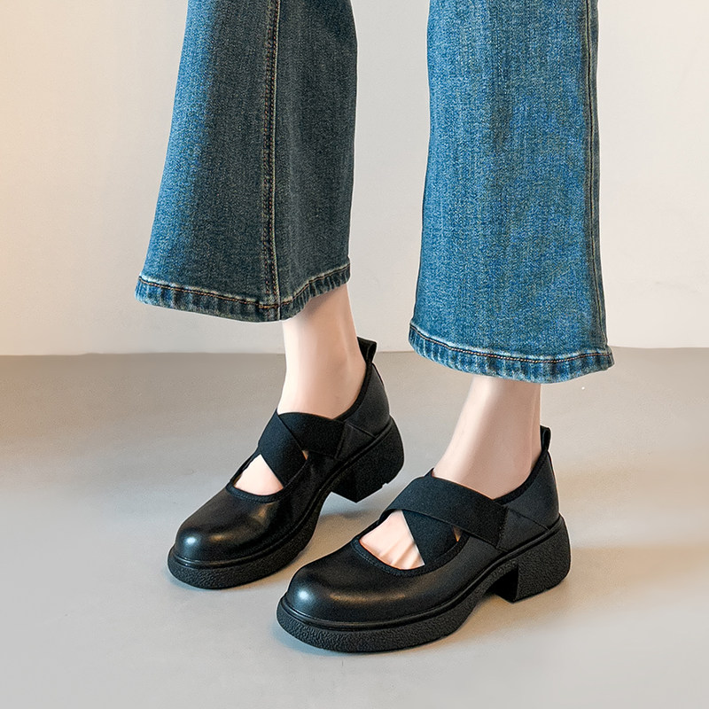 21026年春季英伦风浅口玛丽珍鞋女黑色交叉带圆头粗跟通勤小皮鞋,女鞋,玛丽珍鞋,淘宝优惠券,粉丝福利购,淘宝优惠卷