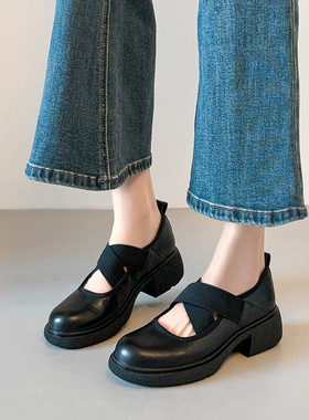 21026年春季英伦风浅口玛丽珍鞋女黑色交叉带圆头粗跟通勤小皮鞋