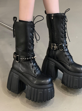 2025年秋季新款厚底马丁靴女英伦风复古皮带扣铆钉粗跟高跟鞋女鞋