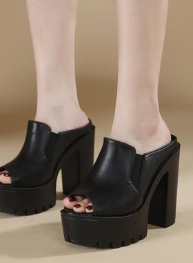 2025年春季粗跟鞋女拖鞋13cm超高跟防水台厚底走秀鱼嘴性感凉拖鞋