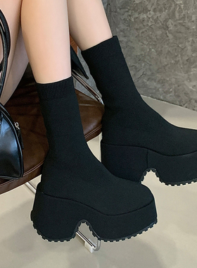 2025年秋季厚底弹力袜子靴女松糕方头瘦瘦靴小个子增高短靴长筒靴
