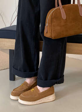 2026年春季圆头防水台厚底麻绳编织坡跟单鞋增高真皮一脚蹬渔夫鞋