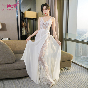 白色晚礼服2022夏无衬网纱雪纺长裙开叉大摆蕾丝夜总会性感连衣裙