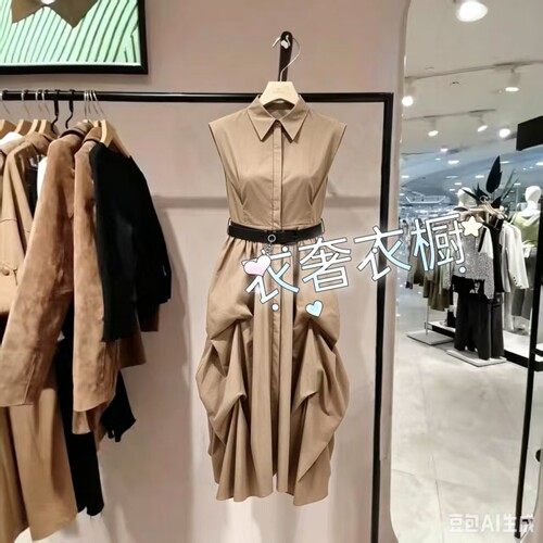同款定制连衣裙26夏季新款时尚含垫肩翻领压褶A字裙3262SZ003_DU