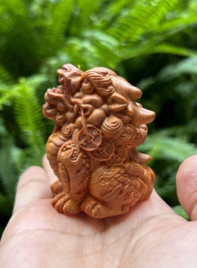 太行陈化老料崖柏木雕刻六财麒麟手把件神兽吉祥物文玩桌面小摆件