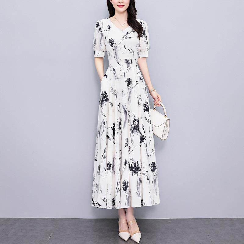 跨境连衣裙女夏长款2026夏季新款缎面大码胖mm收腰显瘦过膝长裙子