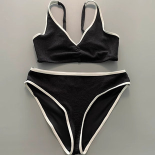比基尼 新款 高级感黑色分体泳衣女款 性感比基尼小胸聚拢高腰泳装