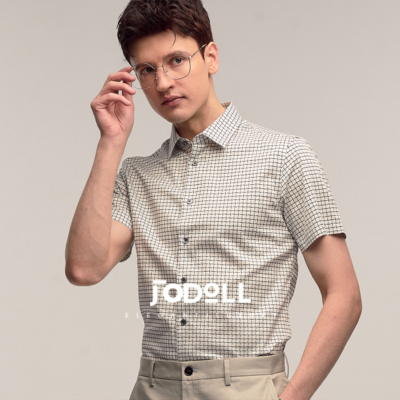 JODOLL翻领休闲格子短袖衬衫纯棉