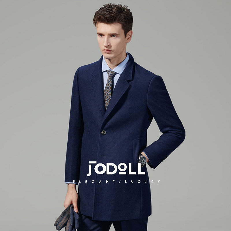 JODOLL乔顿男士藏青色呢大衣商务正装单排扣中长款西装领羊毛大衣