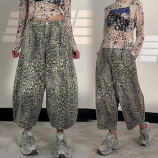 宽松垂感弯刀裤 女七分裤 显瘦夏 ReMe复古豹纹高腰阔腿牛仔裤 焕我