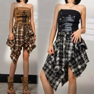 纹抹胸连衣裙女不规则裙摆设计感小个子字母假两件短裙子 御姐风格