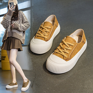 软皮小白鞋 头层牛皮春款 大头平底休闲女鞋 学生板鞋 系带两穿厚底鞋