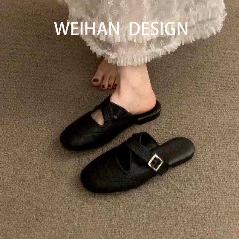 羊皮版！法式简约圆头夏外穿凉鞋女配裙子平底金属一字扣包头半拖