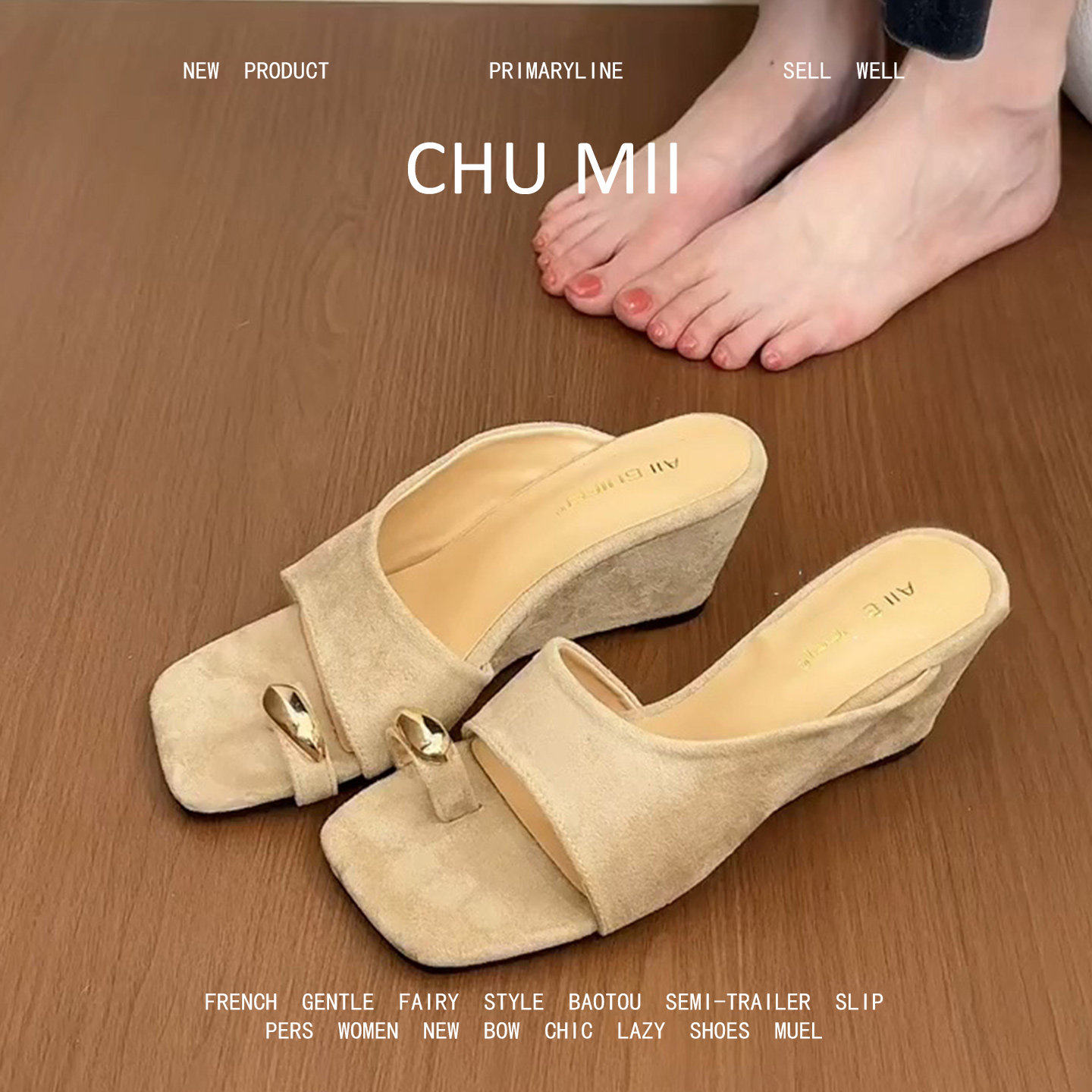 羊皮版~法式金属扣套趾拖鞋女坡跟绒面半拖鞋百搭配裙子高跟鞋