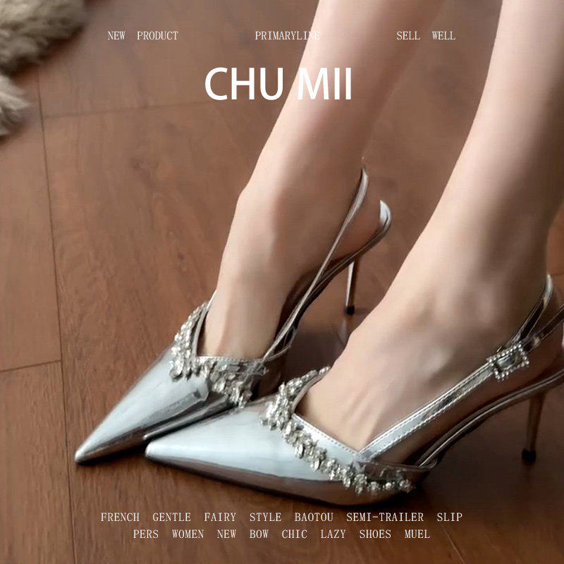 羊皮版~气质名媛风水钻凉鞋女真皮银色细跟高跟鞋高级感尖头单鞋