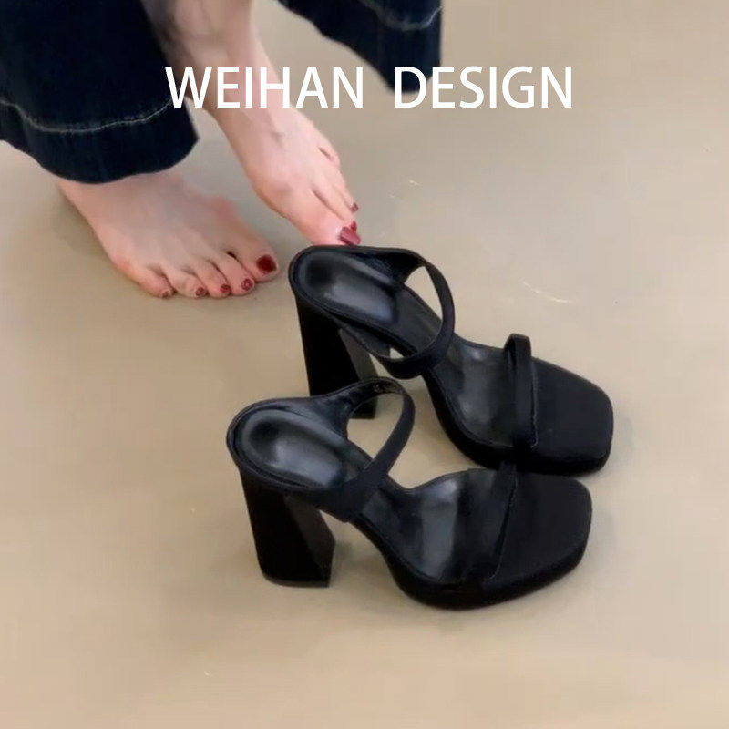 羊皮版！法式复古黑色一字带高跟鞋防水台凉拖鞋女夏性感露趾凉鞋