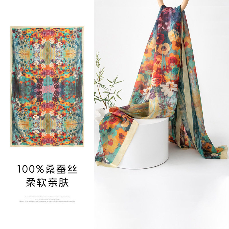 织造局春季丝巾桑蚕丝围巾女薄披肩真丝油画复古风素绉缎高级感长