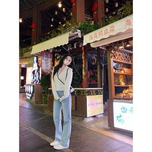 豆豆早安 卷边小牛仔 直筒牛仔裤女春夏小个子高腰显瘦阔腿休闲裤