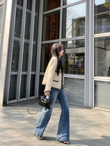 豆豆早安 法式撞色气质羊毛小香风外套女春长袖编织粗花呢上衣