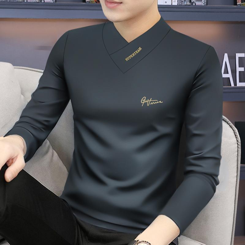 秋冬季男士长袖T恤中年打底衫加绒保暖上衣服厚V领体恤爸爸装内搭