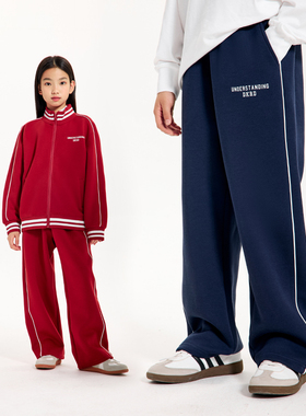 DK童装秋装新款复古女男童红色直筒运动裤中大童儿童宽松休闲长裤